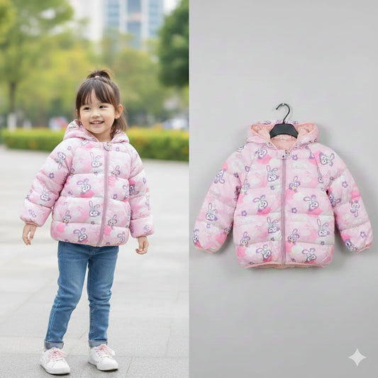 Girls Pink Character Puffer Jacket | Hooded Rabbit Print Coat with 3D Ears