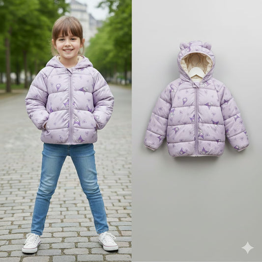 Girls Purple Character Puffer Jacket | Hooded Kuromi Style Coat with 3D Ears | Kids Winter