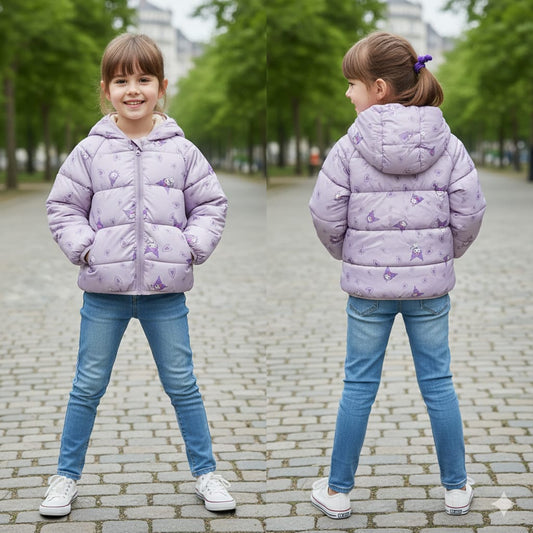 Girls Purple Character Puffer Jacket | Hooded Kuromi Style Coat with 3D Ears | Kids Winter