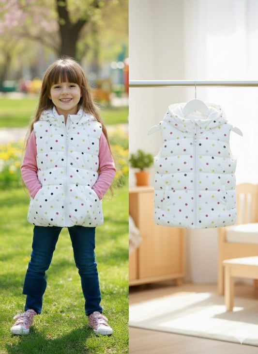 Girls White Polka Dot Puffer Vest | Hooded Winter Sleeveless Jacket | Warm Waistcoat