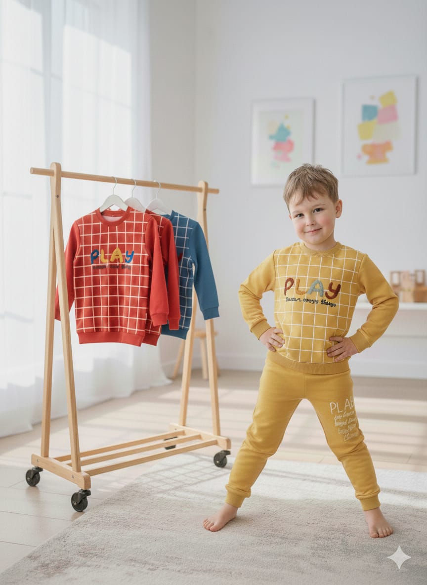 Kids Blue & Yellow "PLAY" Tracksuit Set | Warm Winter Fleece Co-ord | Boys & Girls Casual Outfit