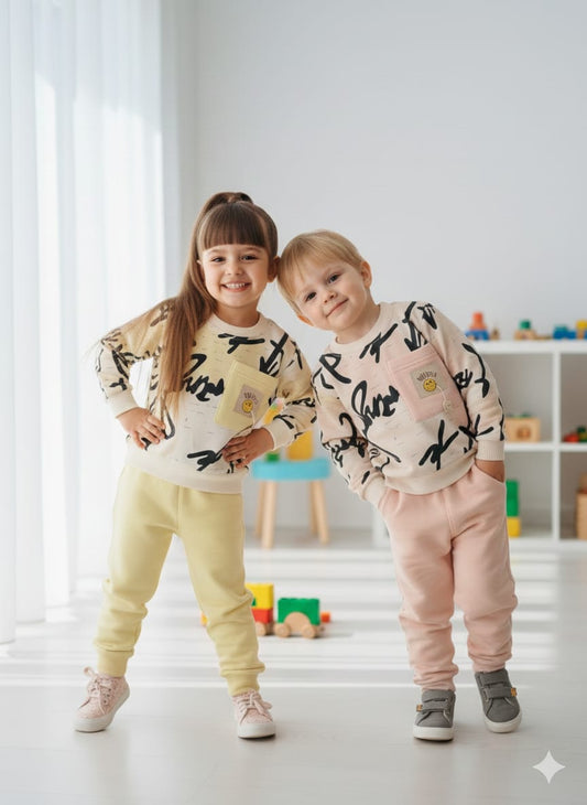 Kids Graffiti Print Winter Tracksuit | Warm Fleece Sweatshirt & Jogger Set | Yellow & Pink