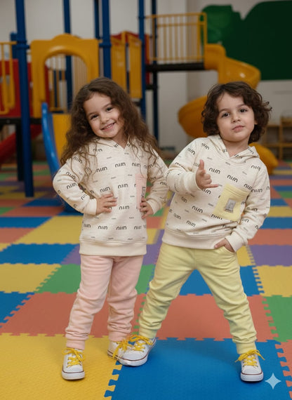 Kids 3D Bear Pocket Hoodie & Jogger Set | Pastel Yellow & Pink Winter Tracksuit