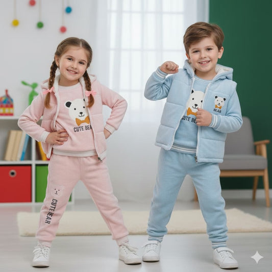 Haram Collection | Cute Bear Embroidered Corduroy Tracksuit Set for Kids (Pink & Blue