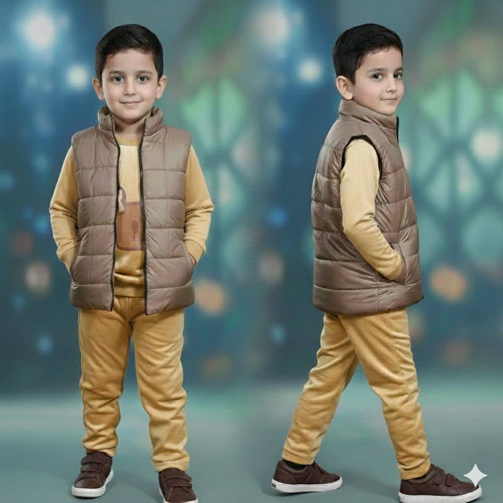 Haram Collection: Kids Velvet Winter Tracksuit Set with Vestcoat | Warm Puffer Jacket Suit for Boys