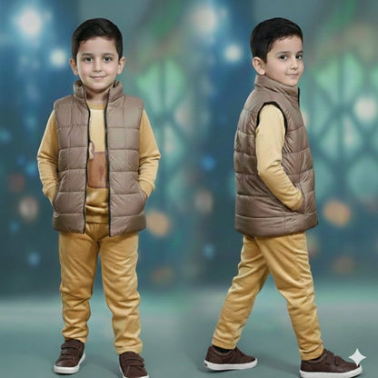 Haram Collection: Kids Velvet Winter Tracksuit Set with Vestcoat | Warm Puffer Jacket Suit for Boys