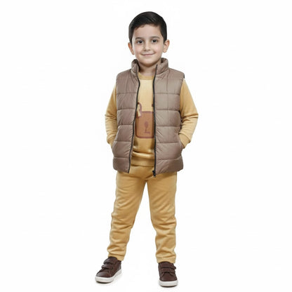 Haram Collection: Kids Velvet Winter Tracksuit Set with Vestcoat | Warm Puffer Jacket Suit for Boys