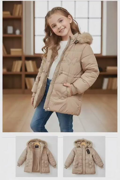 Girls Beige Puffer Parka Jacket | Faux Fur Hood Winter Coat | Long Quilted Outerwear