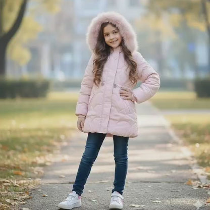 Girls Pink Puffer Parka Jacket | Long Winter Coat with Faux Fur Hood | Warm Outerwear